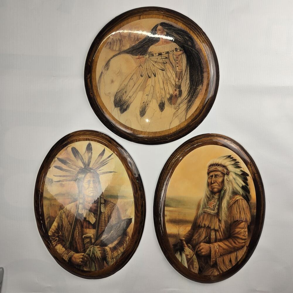 Set of 3, Vintage Rustic Oval Z. Garcia, Native American decoupage prints